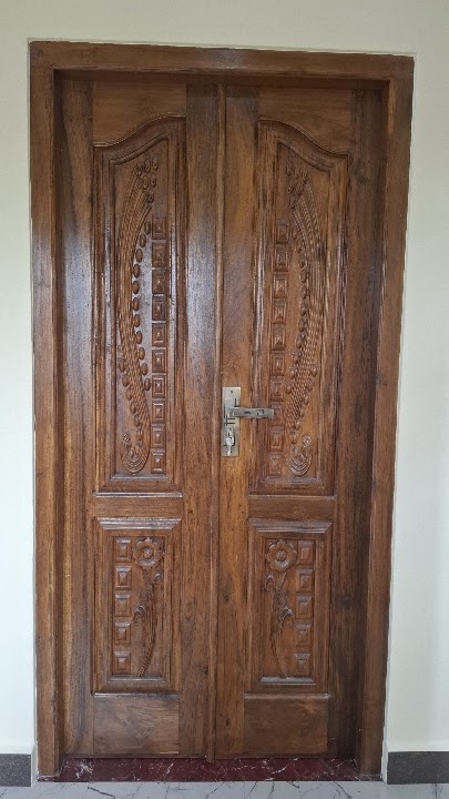 Crafted timber entry door in polished timber, design DR-016