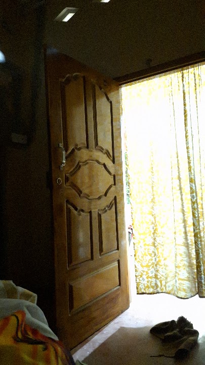 Glazed panel timber door in polished timber, design DR-017