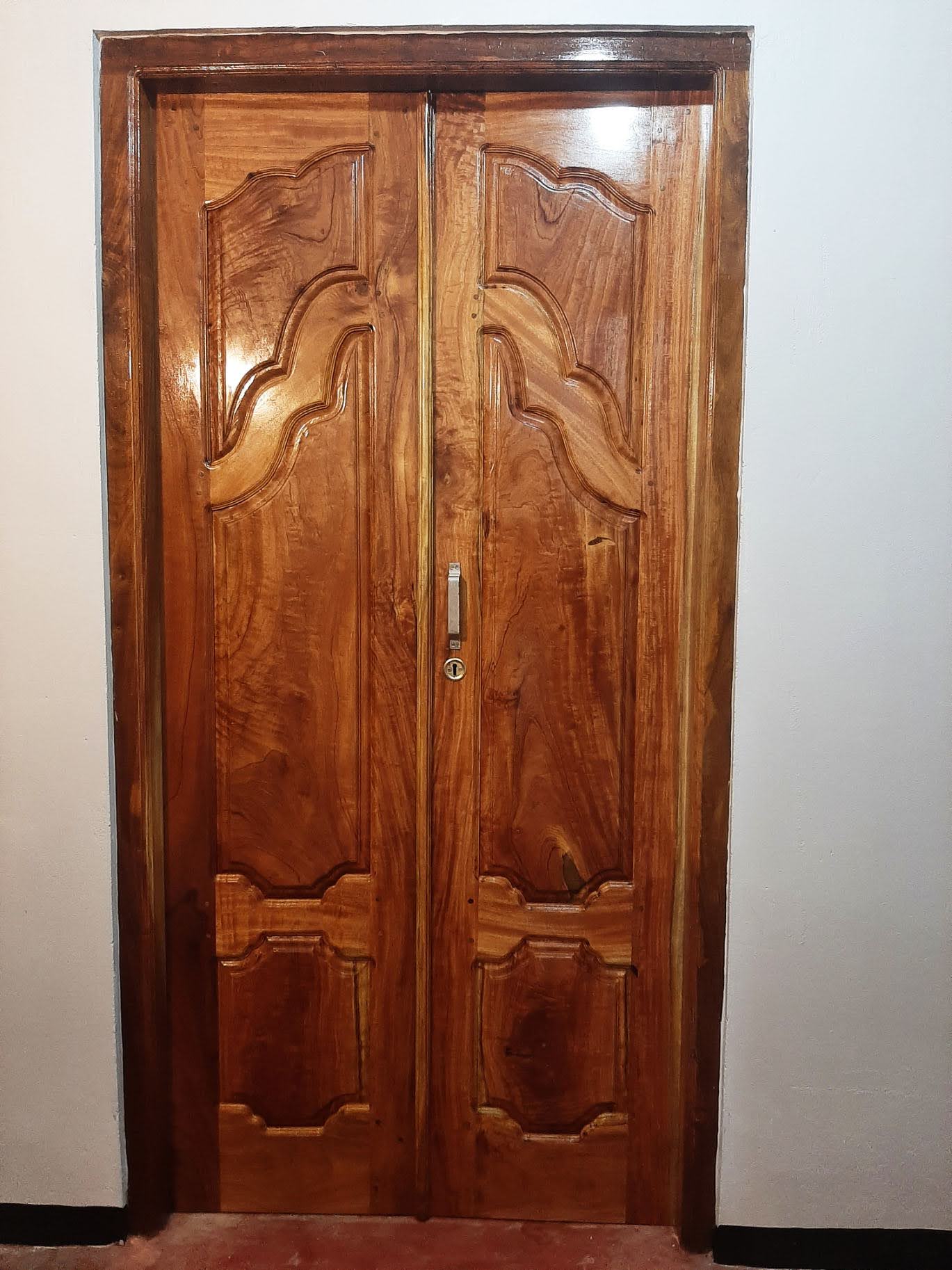 Angled view of door surface relief and grain texture