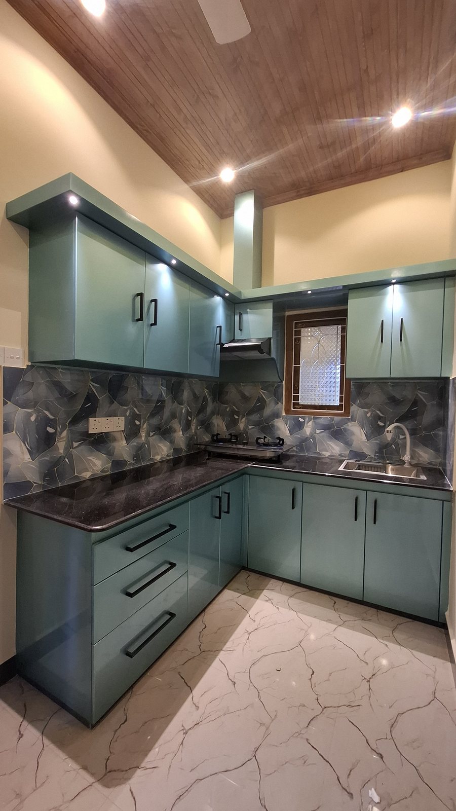 Custom timber modular kitchen cabinets and countertop installation
